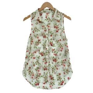 Hollister Button Up Tank Top Womens Small White Floral Chiffon Sleeveless Pocket